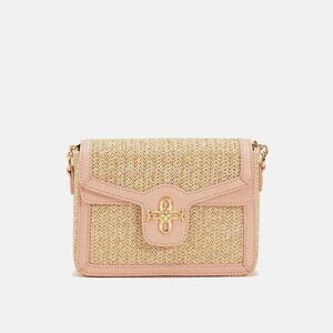 NWT Pink and Vegan Leather Straw Crossbody Bag